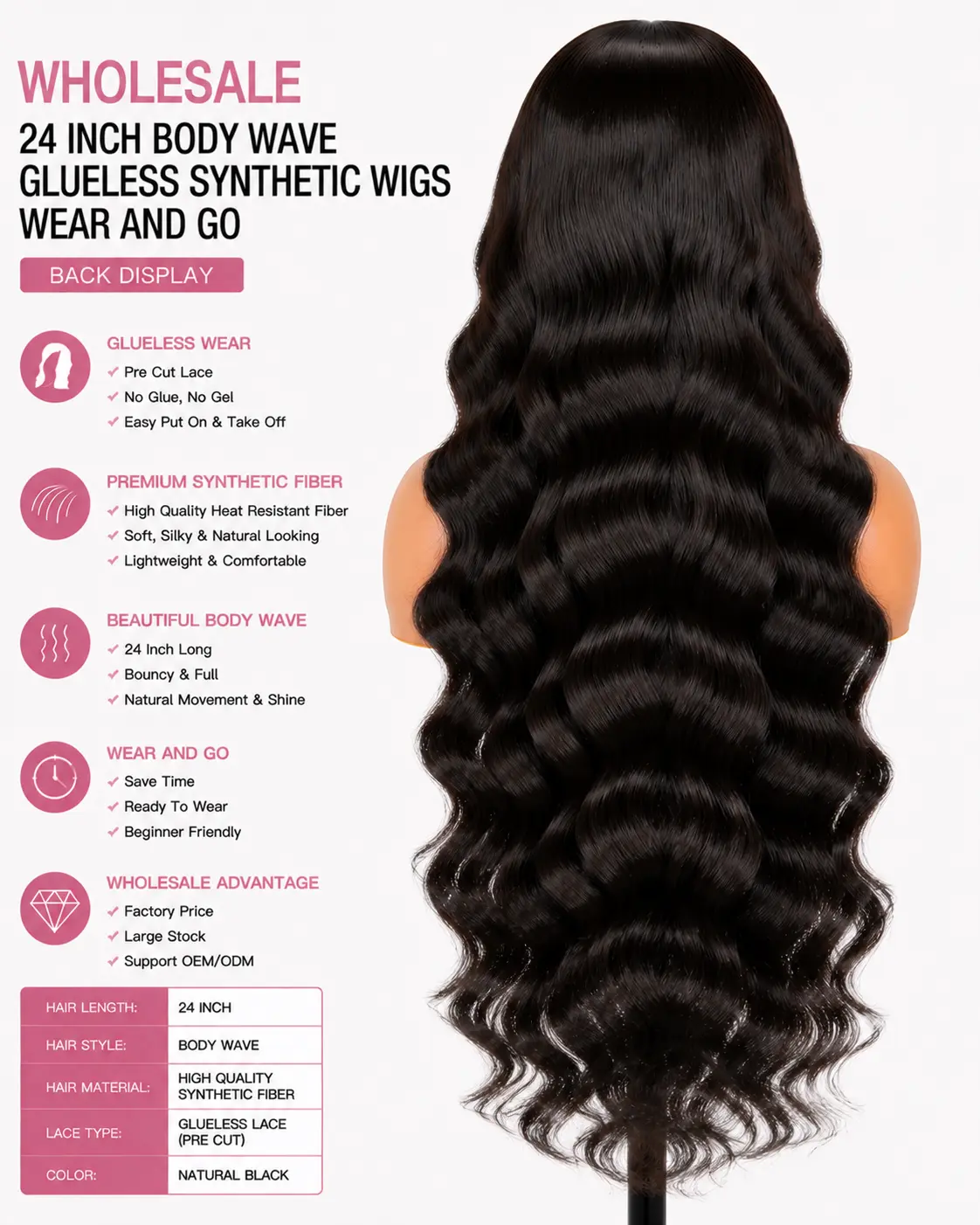 Wholesale 24 Inch Body Wave Glueless Synthetic Wigs Wear And Go Back View - Full Length Body Wave Wig with Bouncy Waves and Smooth Ends