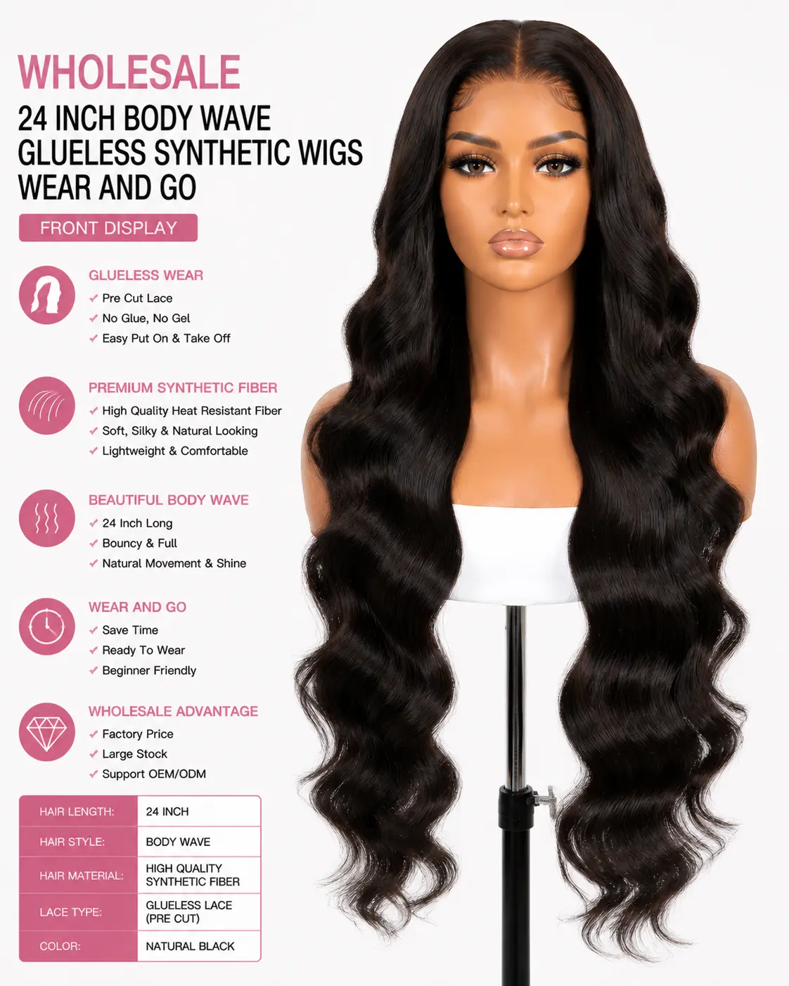 Wholesale 24 Inch Body Wave Glueless Synthetic Wigs Wear And Go Front View - Natural Black Heat Resistant Wig with Pre Cut Lace