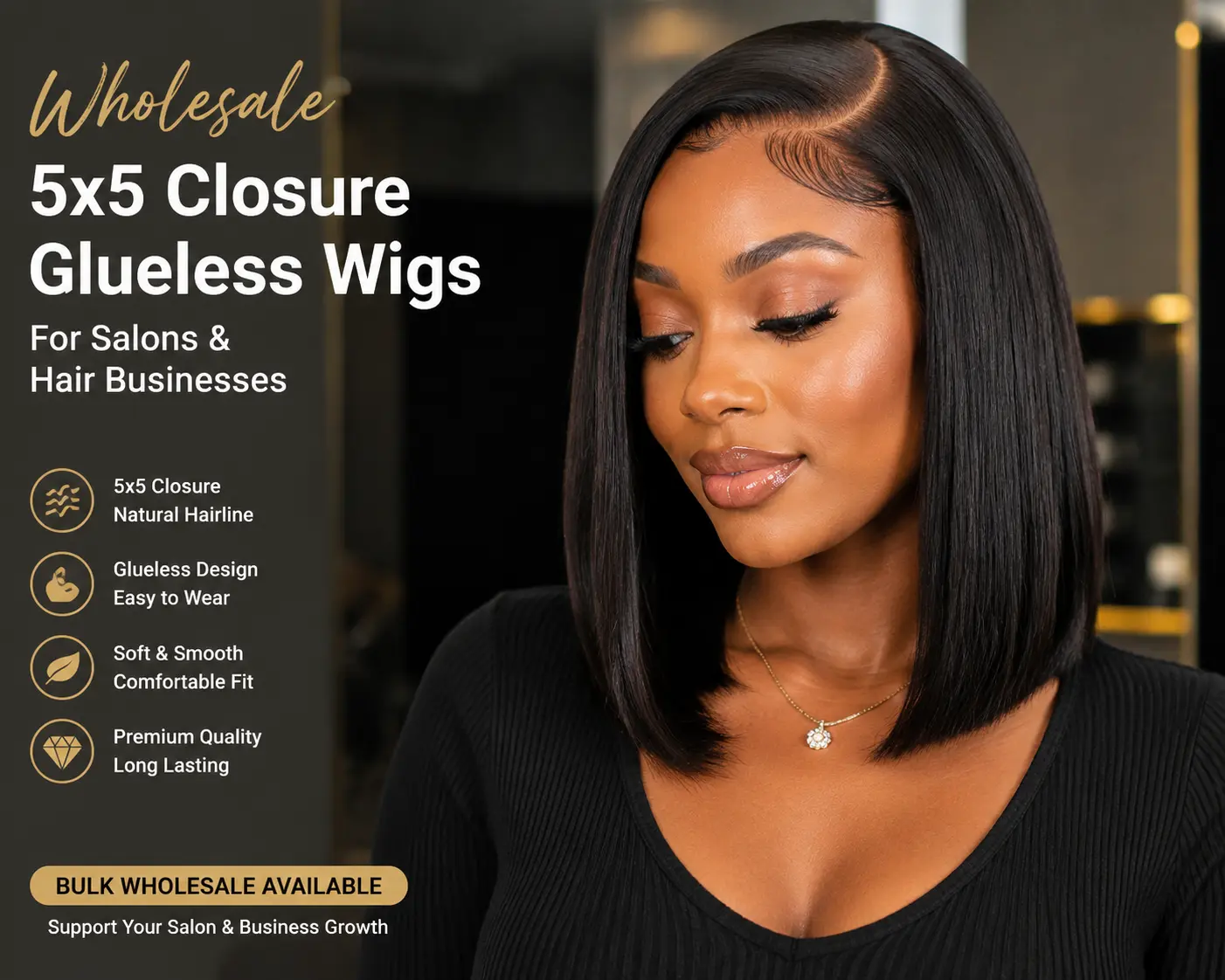 Wholesale 5x5 closure glueless wigs for salons and hair businesses with natural hairline design