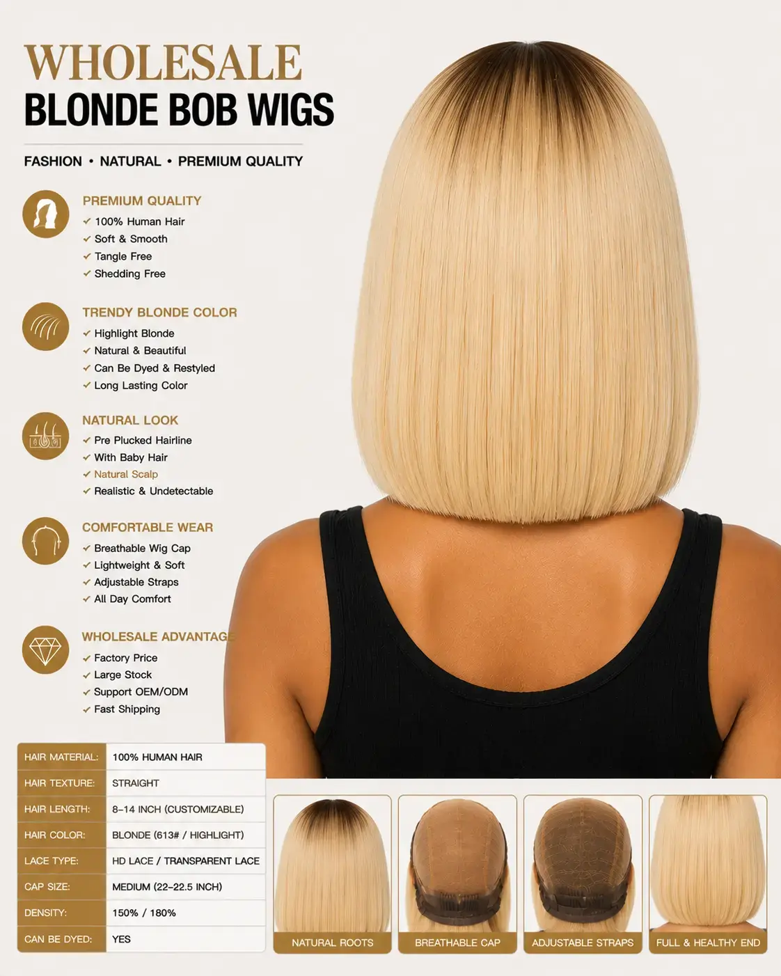 Wholesale Blonde Bob Wigs Back View - Full Coverage Blonde Bob Wig with Neat Ends, Natural Flow and Premium Hair Fiber