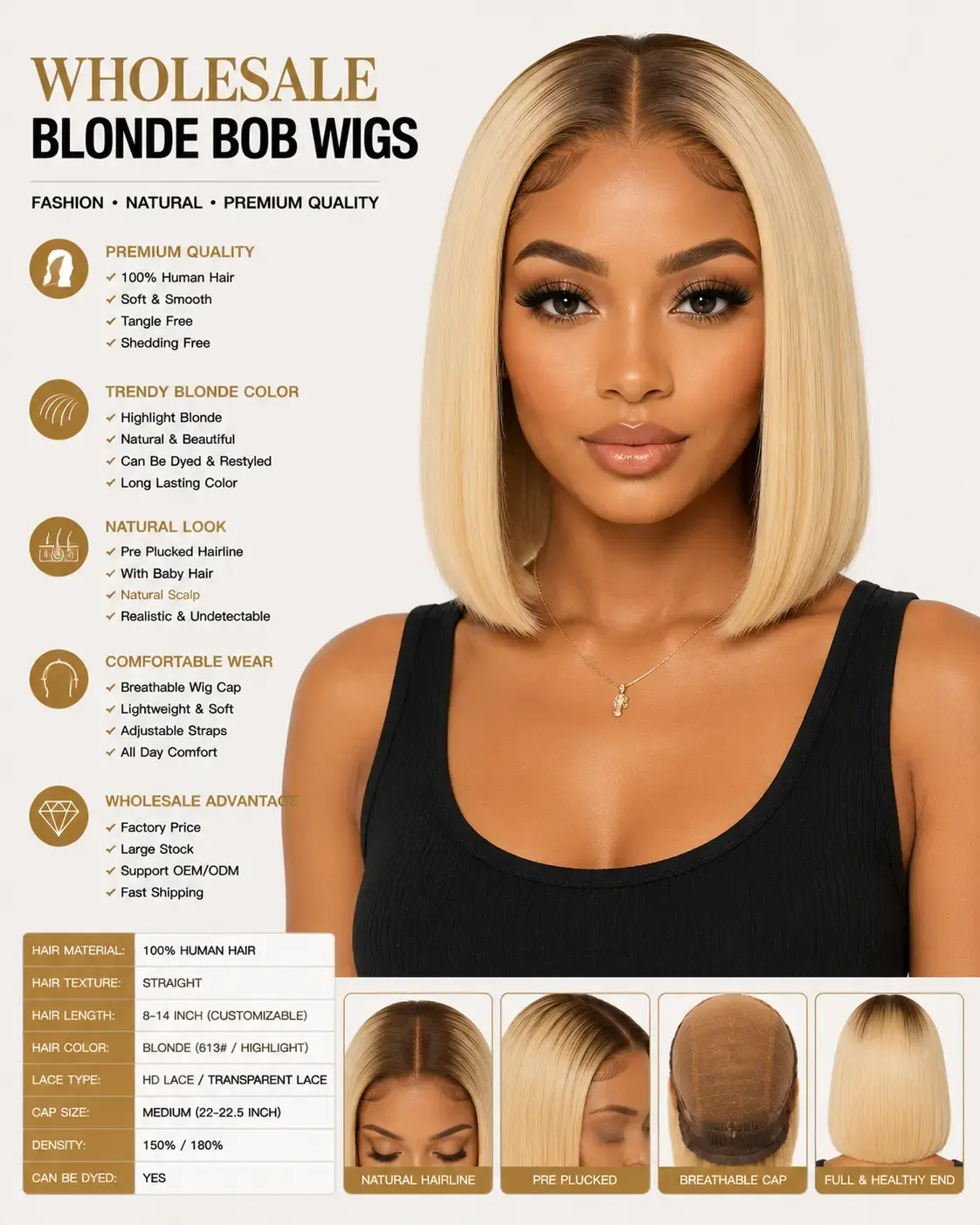 Wholesale Blonde Bob Wigs Front View - Short Blonde Bob Wig with Natural Hairline, Stylish Cut and Realistic Look