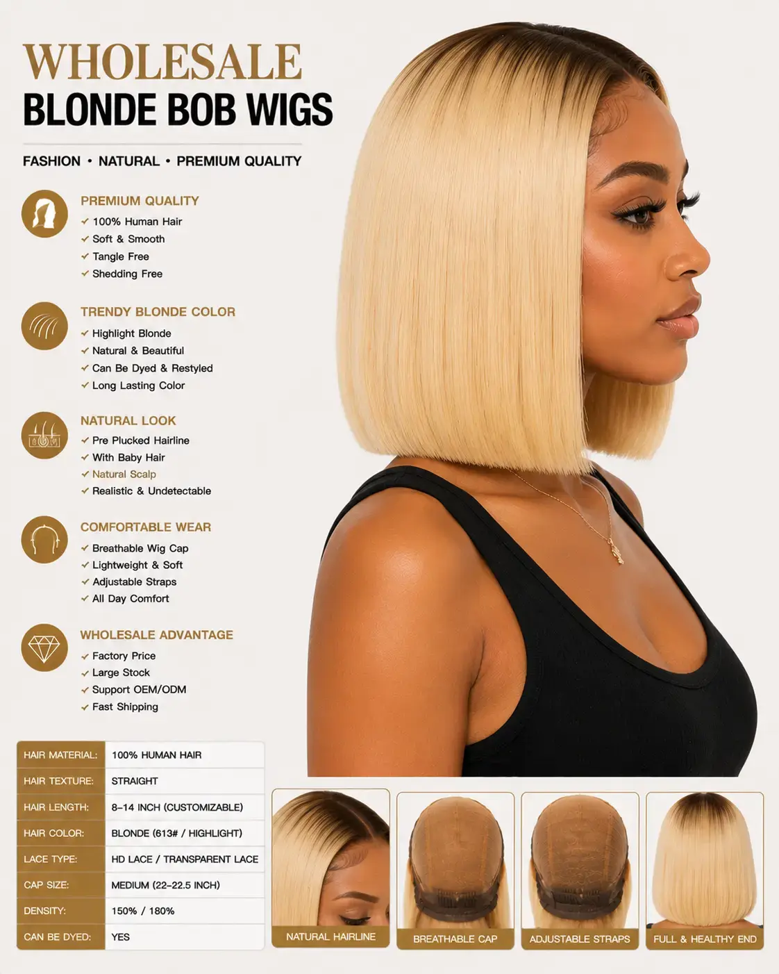 Wholesale Blonde Bob Wigs Side View - Blonde Bob Wig with Smooth Texture, Natural Volume and Fashionable Short Style