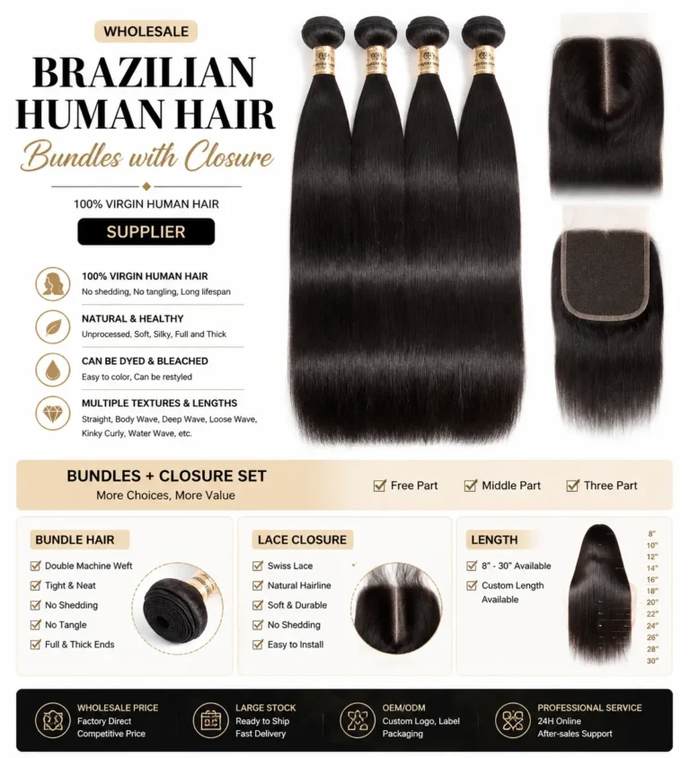 Wholesale Brazilian Human Hair Bundles with Closure supplier for salons and hair businesses