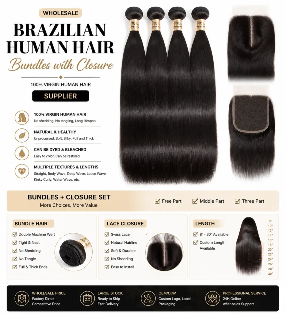 Wholesale Brazilian Human Hair Bundles with Closure supplier for salons and hair businesses