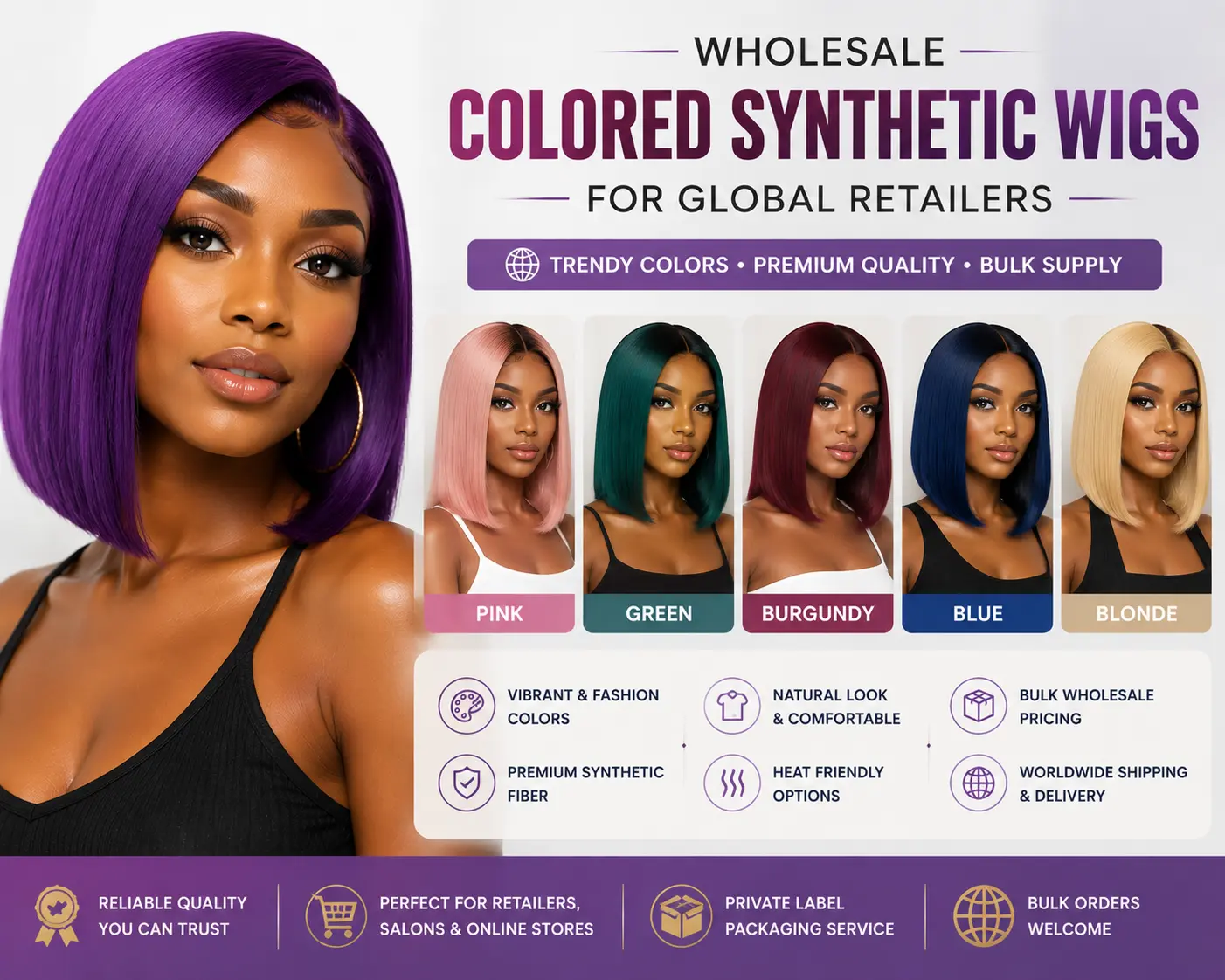 Wholesale colored synthetic wigs for global retailers with trendy styles and vibrant colors