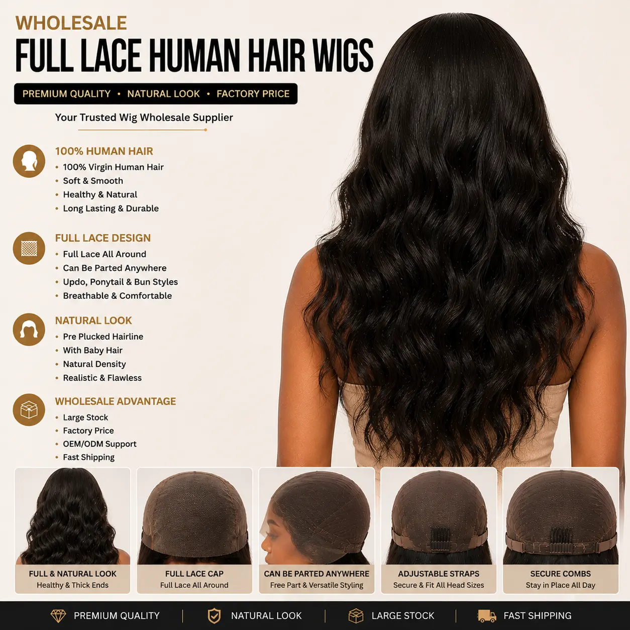 Wholesale Full Lace Human Hair Wigs Back View - Full Lace Human Hair Wig with Full Coverage, Natural Hair Flow, Healthy Ends and Secure Cap Design