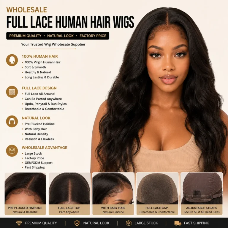 Wholesale Full Lace Human Hair Wigs Front View - Full Lace Human Hair Wig with Natural Hairline, Pre Plucked Baby Hair and Realistic Scalp Appearance