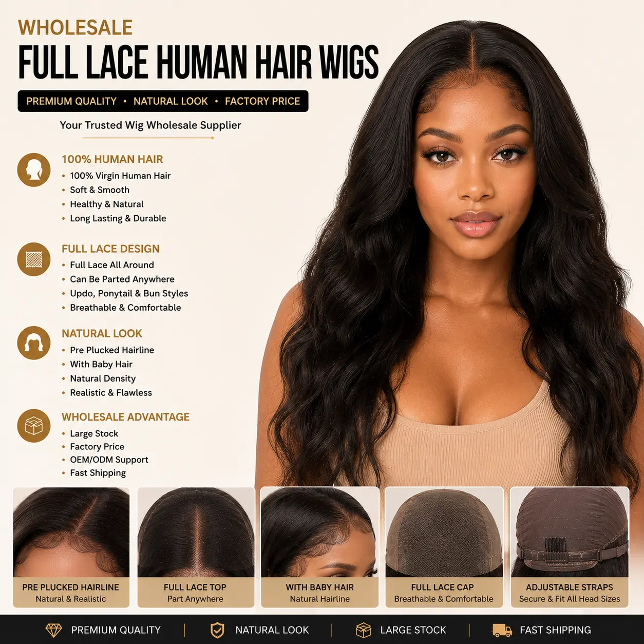 Wholesale Full Lace Human Hair Wigs Front View - Full Lace Human Hair Wig with Natural Hairline, Pre Plucked Baby Hair and Realistic Scalp Appearance