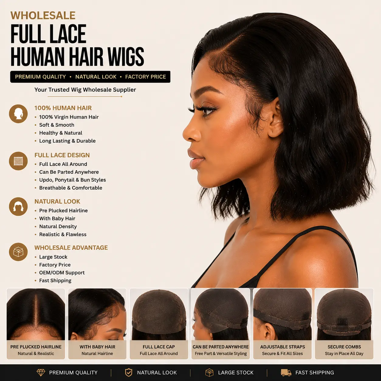 Wholesale Full Lace Human Hair Wigs Side View - Full Lace Human Hair Wig with Invisible Lace, Natural Density, Smooth Texture and Versatile Styling Options