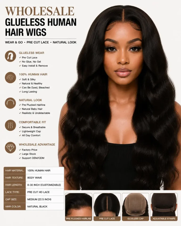 Wholesale Glueless Human Hair Wigs Front View - 100% Human Hair Wig with Pre Cut Lace, Natural Hairline and Realistic Look
