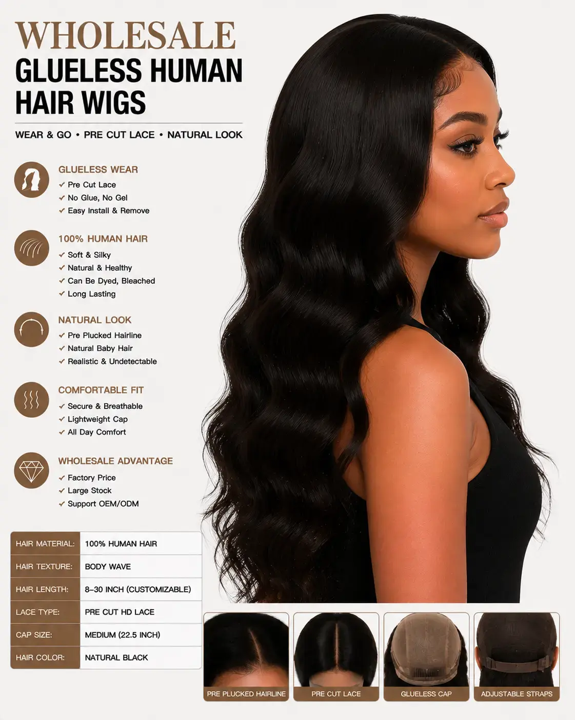 Wholesale Glueless Human Hair Wigs Front View - 100% Human Hair Wig with Pre Cut Lace, Natural Hairline and Realistic Look