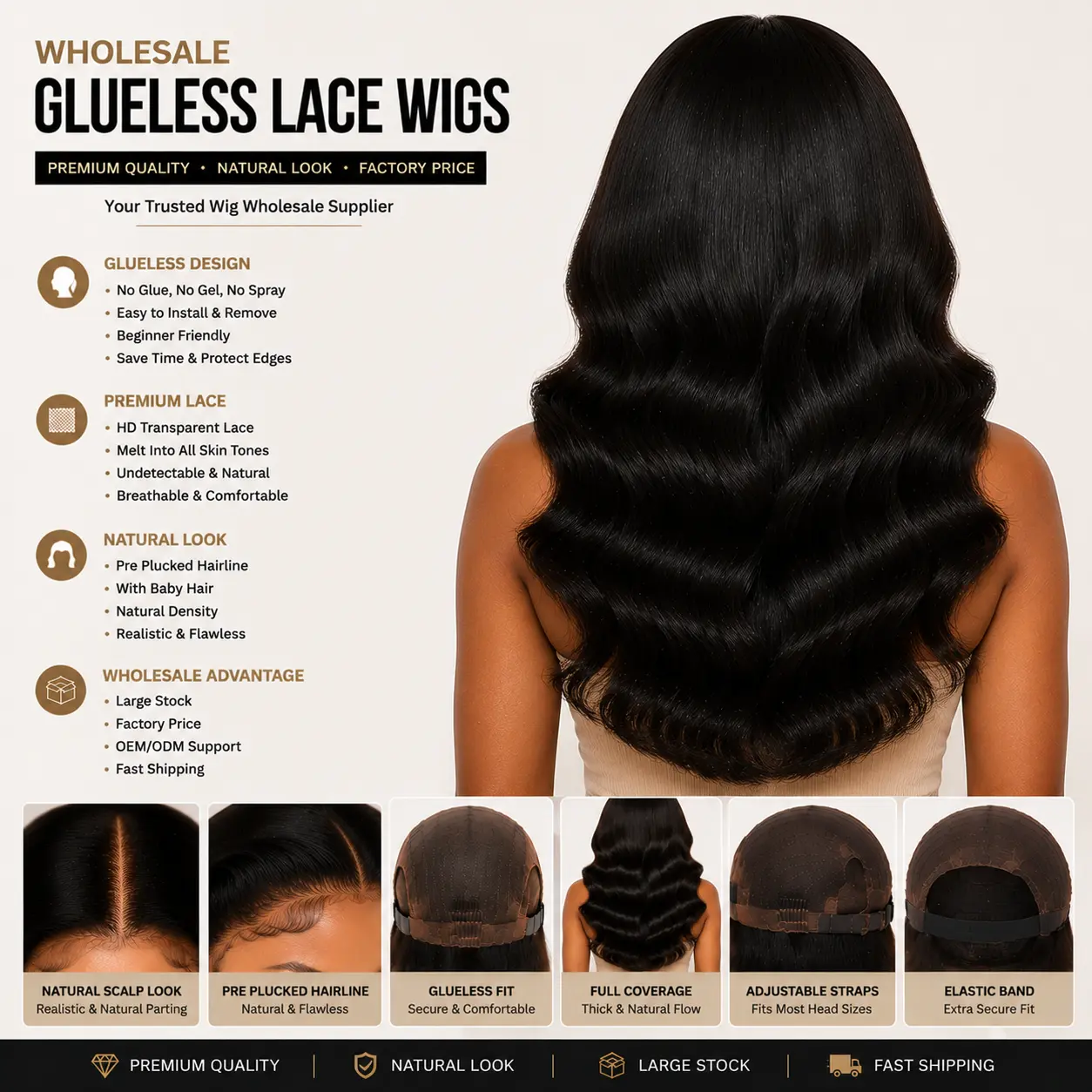 Wholesale Glueless Lace Wigs Back View - Full Coverage Glueless Wig with Adjustable Straps, Secure Cap and Natural Hair Flow
