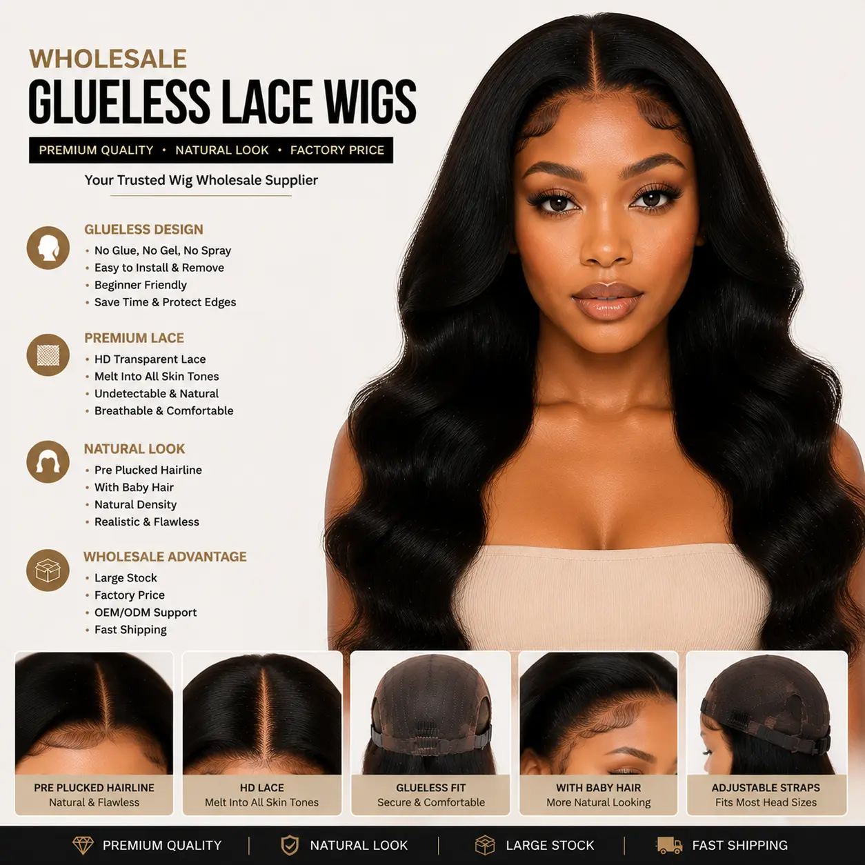 Wholesale Glueless Lace Wigs Front View - Glueless Lace Wig with Natural Hairline, HD Lace, Pre Plucked Baby Hair and Realistic Look