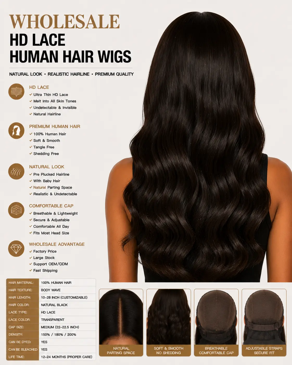 Wholesale HD Lace Human Hair Wigs Back View - Full Length Human Hair Wig with Smooth Body Wave Texture, Healthy Ends and Natural Flow