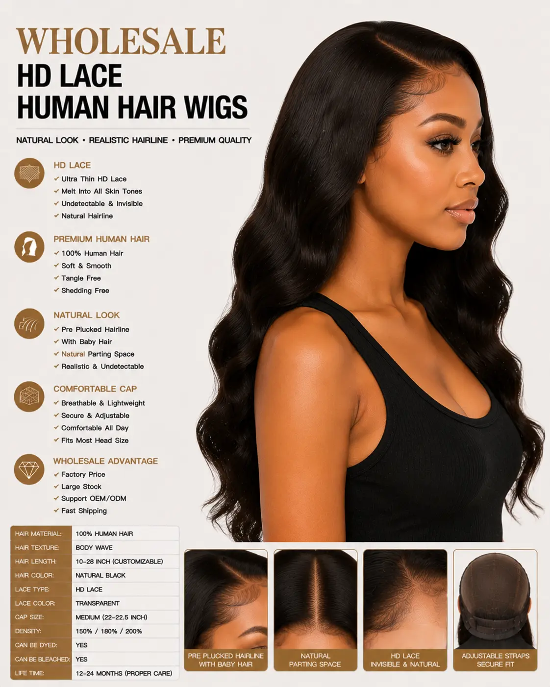 Wholesale HD Lace Human Hair Wigs Side View - Body Wave Human Hair Wig with Invisible HD Lace, Pre Plucked Hairline and Natural Density