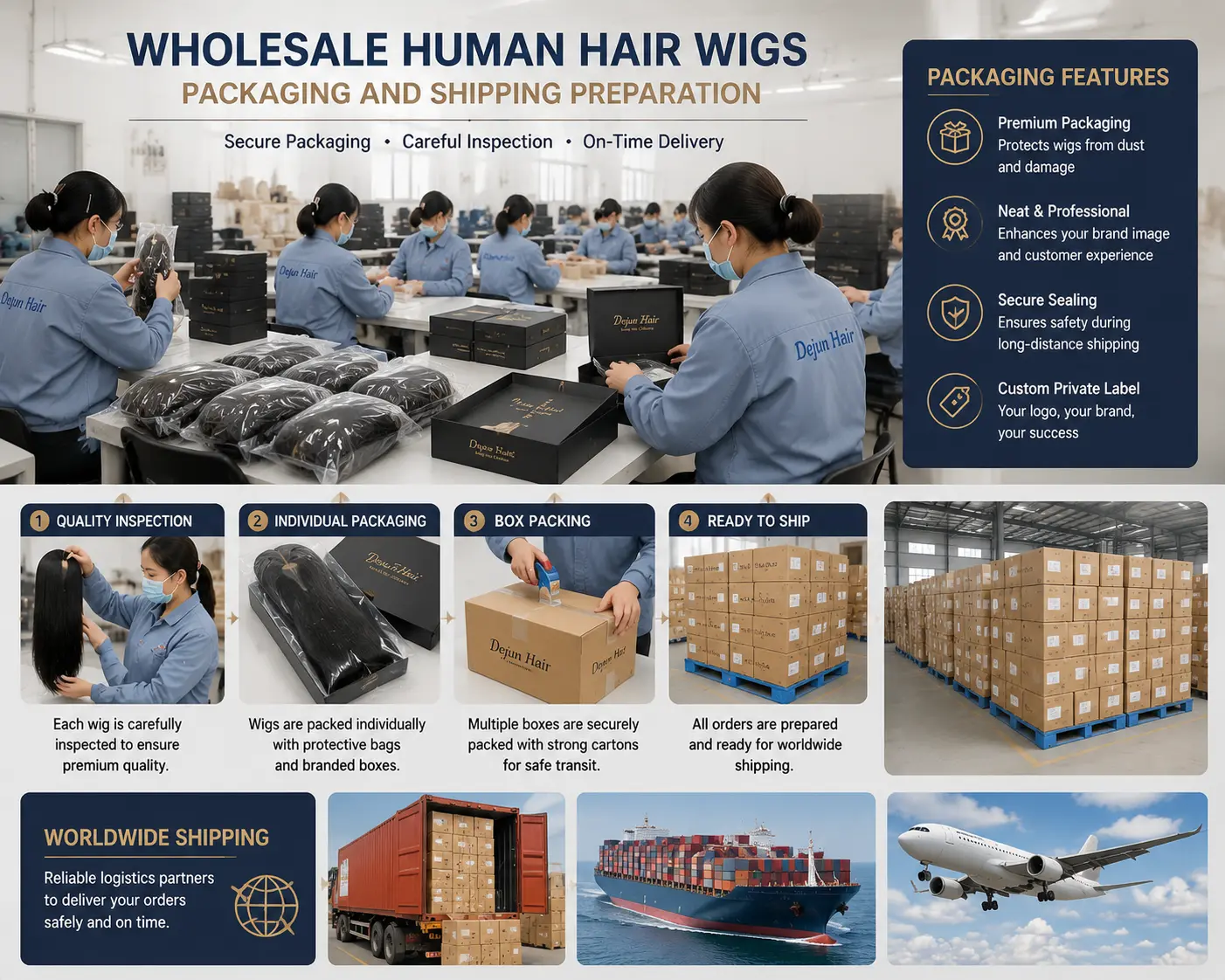 Wholesale human hair wigs packaging and shipping preparation