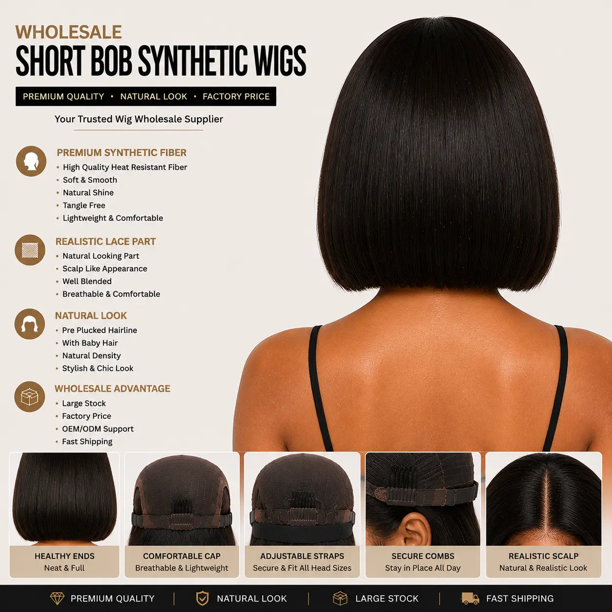 Wholesale Short Bob Synthetic Wigs Side View - Heat Resistant Short Bob Synthetic Wig with Natural Density, Sleek Cut and Comfortable Cap