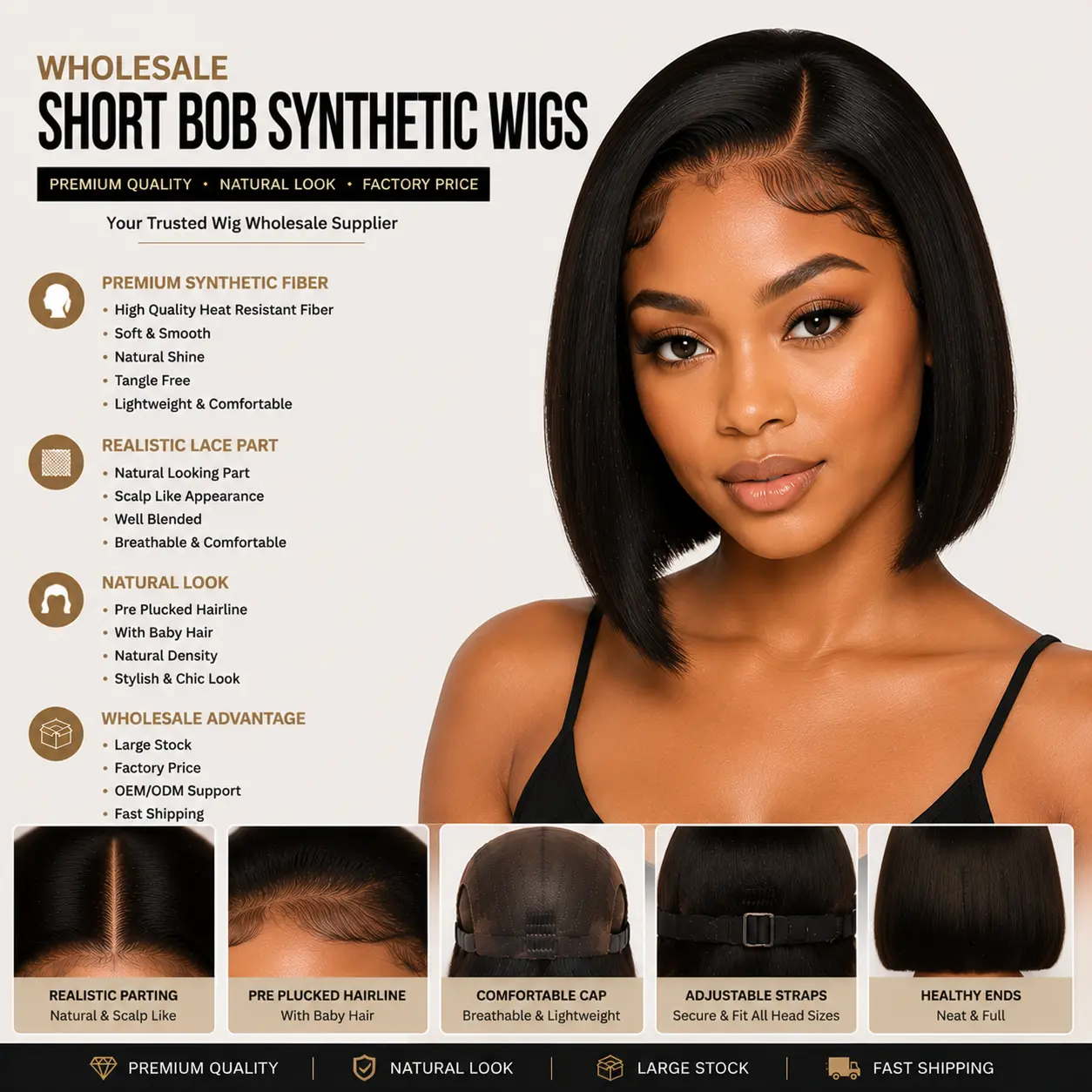 Wholesale Short Bob Synthetic Wigs Front View - Short Bob Synthetic Wig with Natural Hairline, Realistic Lace Part, Smooth Fiber and Stylish Look