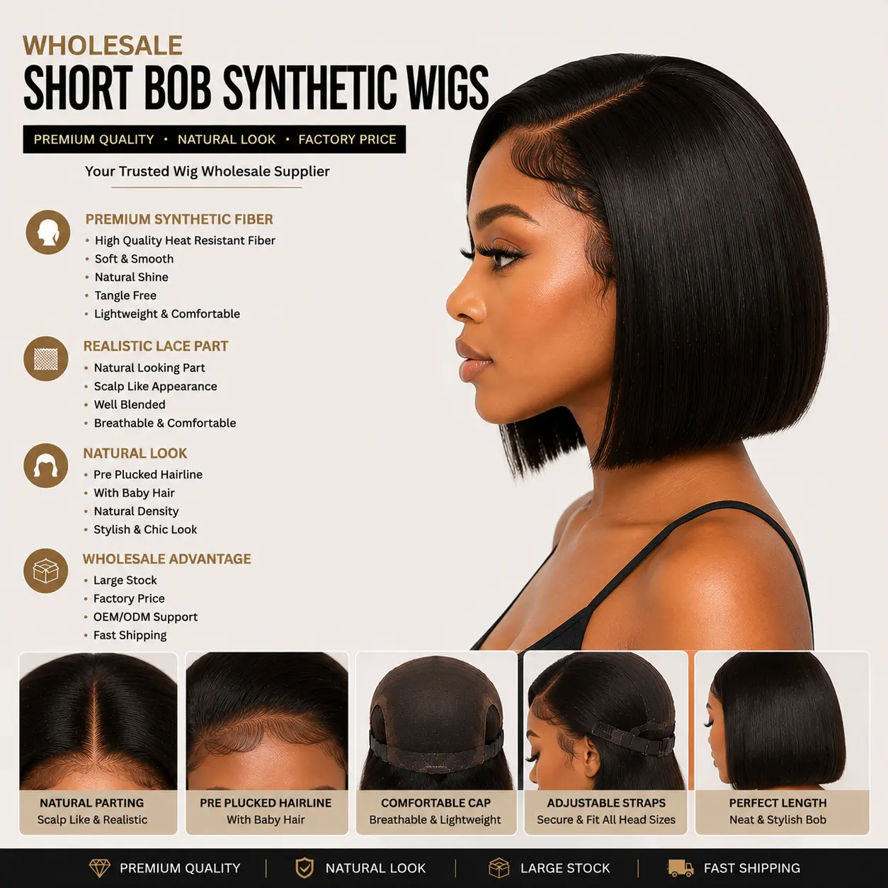 Wholesale Short Bob Synthetic Wigs Side View - Heat Resistant Short Bob Synthetic Wig with Natural Density, Sleek Cut and Comfortable Cap