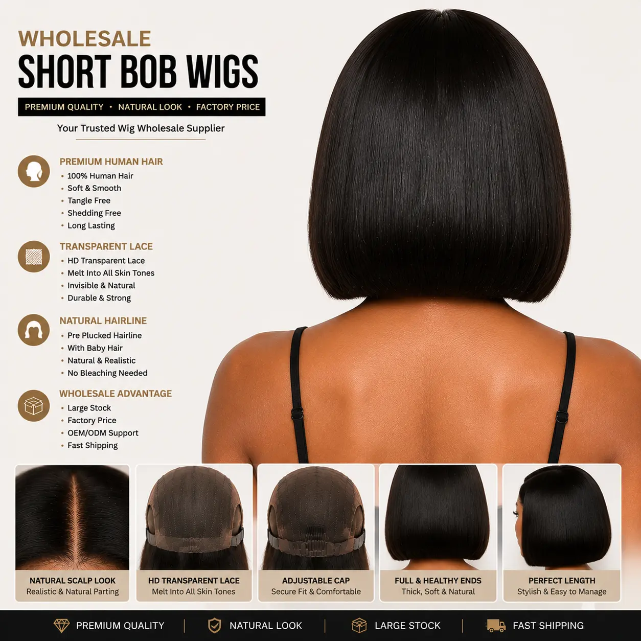 Wholesale Short Bob Wigs Back View - Short Bob Wig with Full Coverage, Smooth Hair Fiber, Natural Flow and Secure Fit