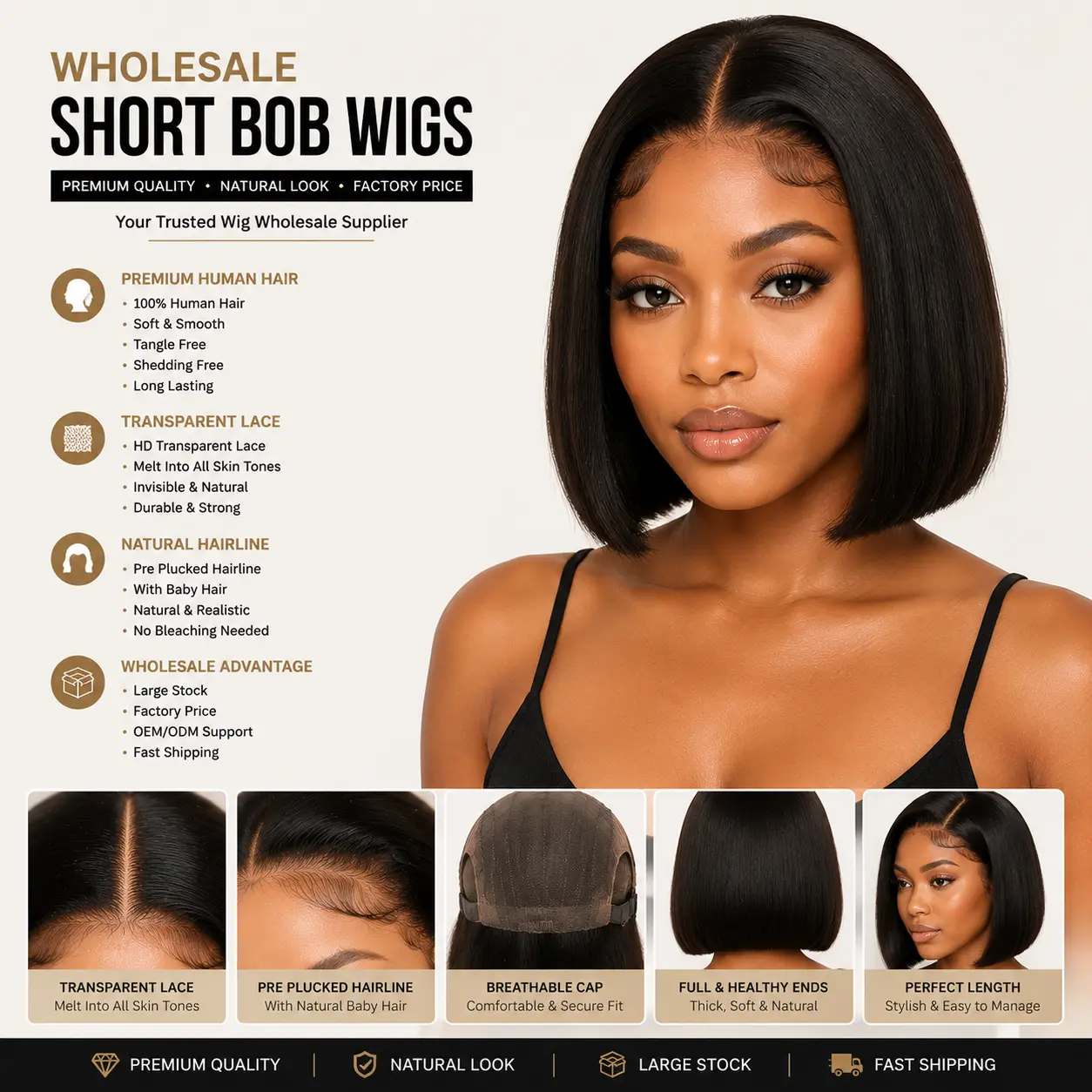 Wholesale Short Bob Wigs Front View - Short Bob Wig with Natural Hairline, Transparent Lace, Smooth Texture and Stylish Look
