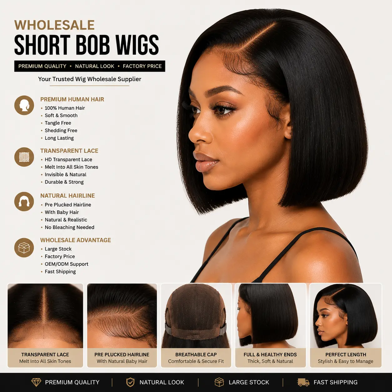 Wholesale Short Bob Wigs Side View - Sleek Short Bob Wig with Natural Density, Clean Cut Ends and Comfortable Lace Cap