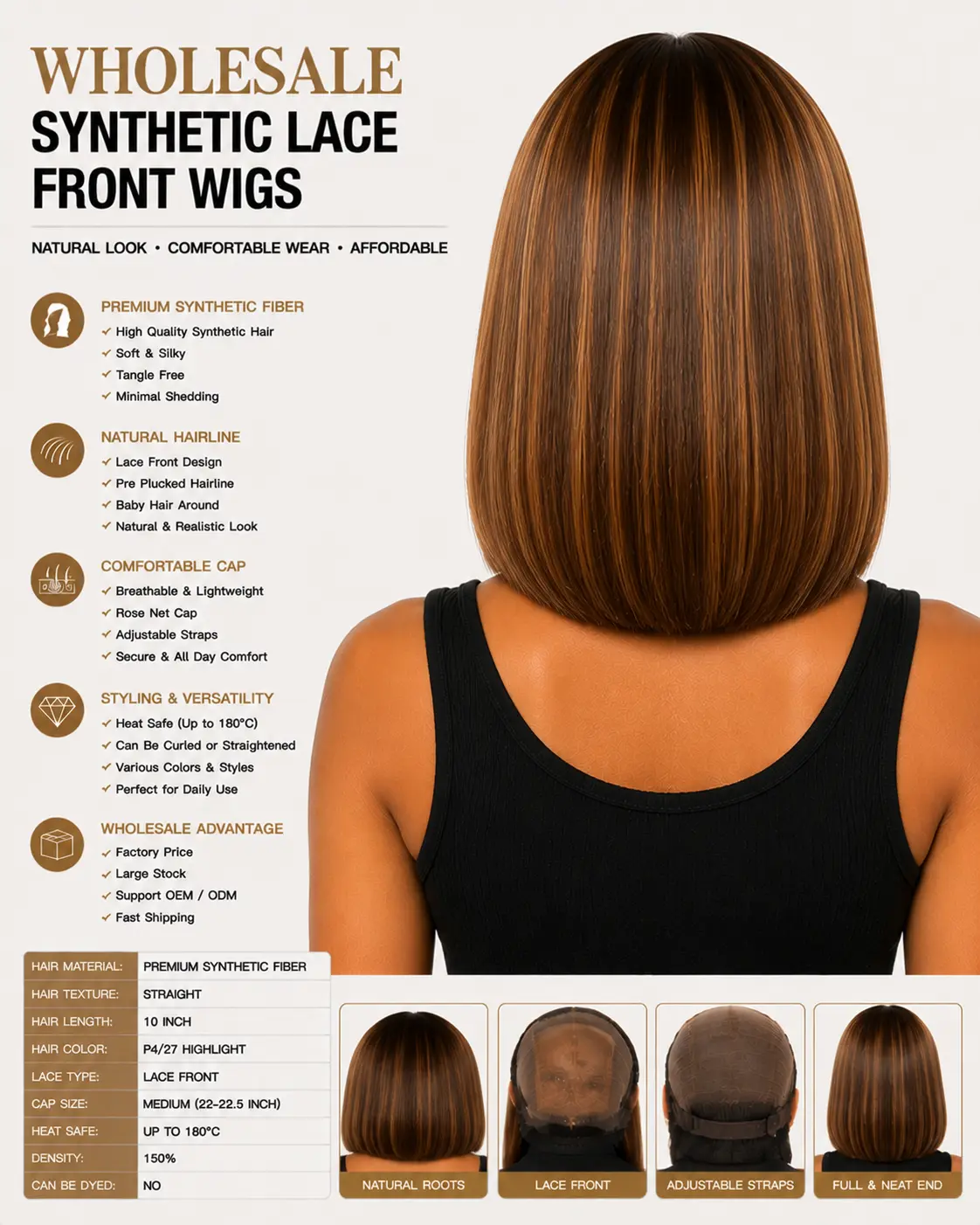 Wholesale Synthetic Lace Front Wigs Back View - Full Coverage Synthetic Wig with Smooth Ends, Natural Flow and Secure Adjustable Cap