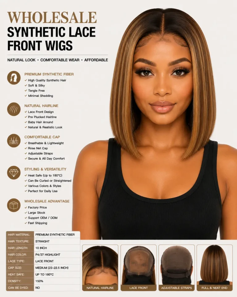 Wholesale Synthetic Lace Front Wigs Front View - Premium Synthetic Fiber Wig with Natural Hairline, Lace Front Design and Realistic Look