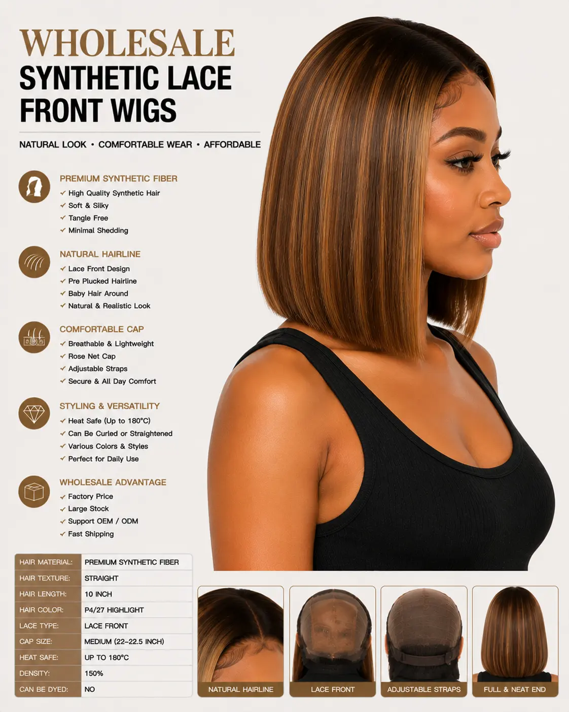 Wholesale Synthetic Wholesale Synthetic Lace Front Wigs Side View - Straight Synthetic Wig with Soft Texture, Natural Density and Comfortable Lace Front Cap