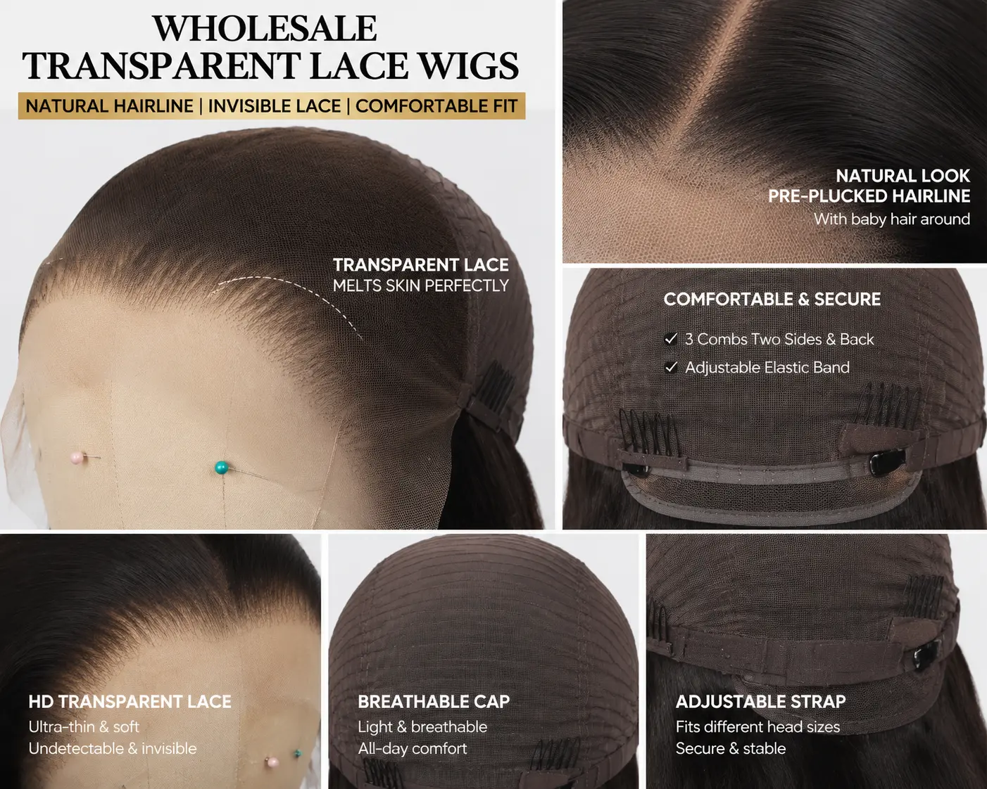 Wholesale transparent lace wigs with invisible lace, pre-plucked hairline and comfortable cap design for global distributors