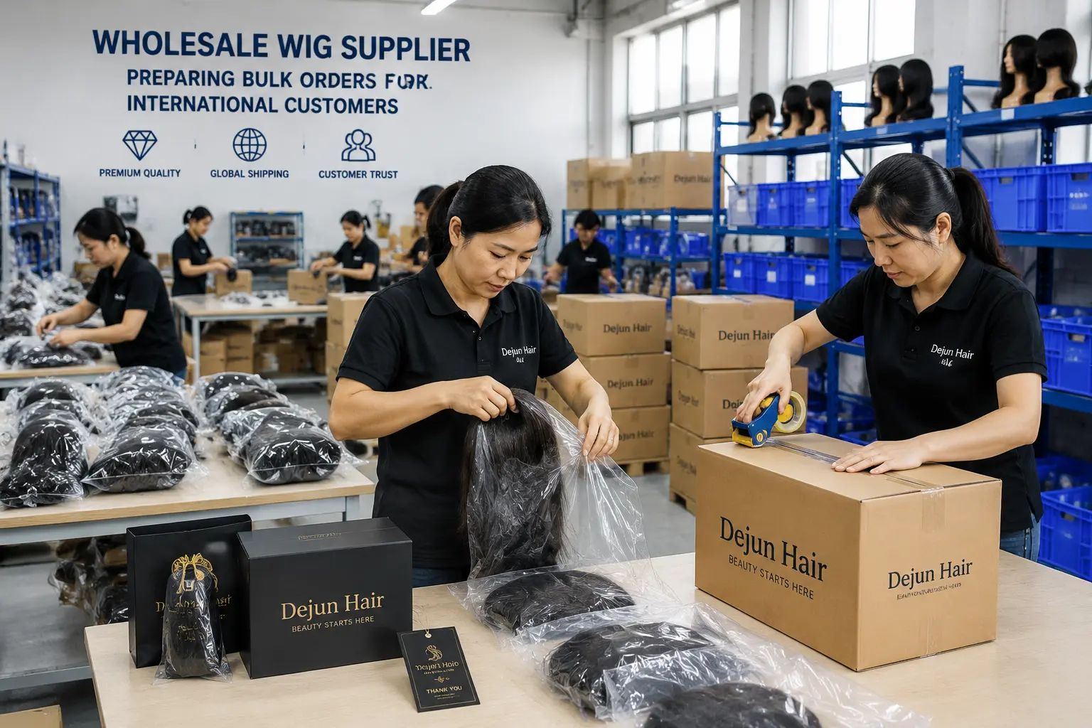 Wholesale wig supplier preparing bulk orders for international customers