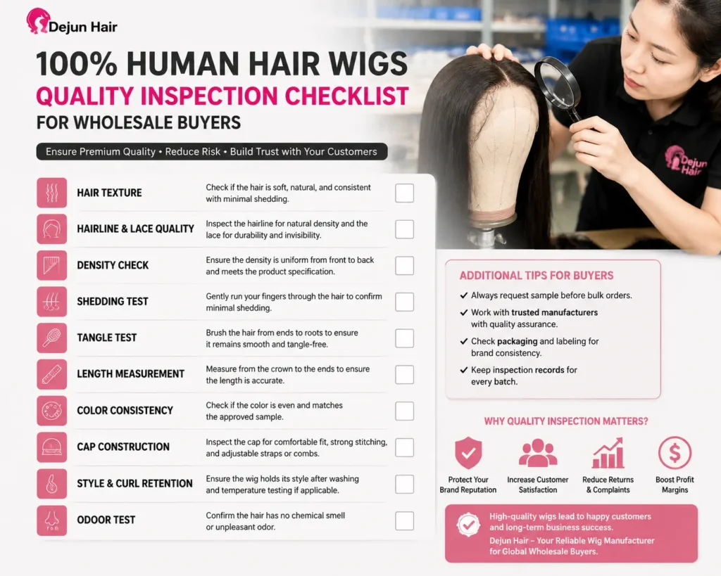 100% human hair wigs quality inspection checklist for wholesale buyers covering hair texture, lace quality, density, and construction inspection