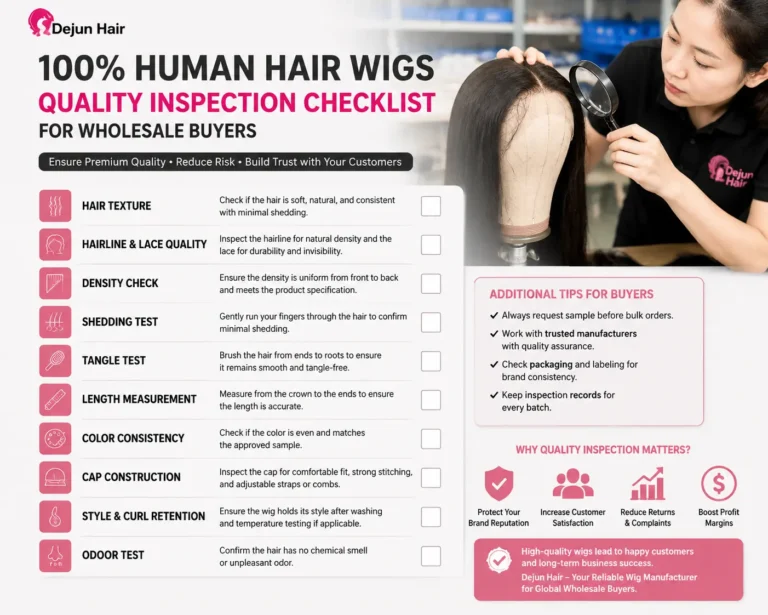 100% human hair wigs quality inspection checklist for wholesale buyers covering hair texture, lace quality, density, and construction inspection