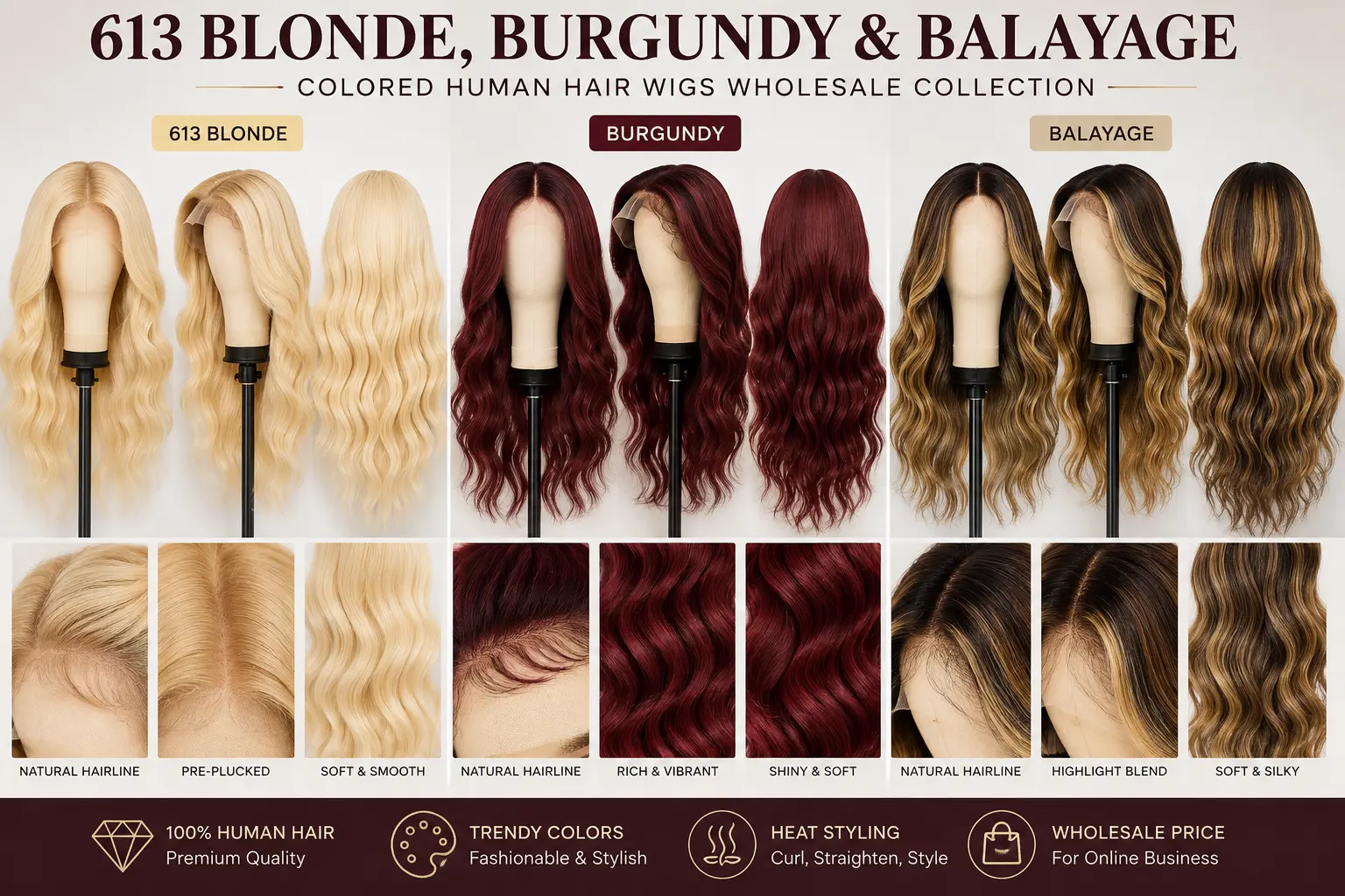 613 blonde burgundy and balayage colored human hair wigs for wholesale buyers