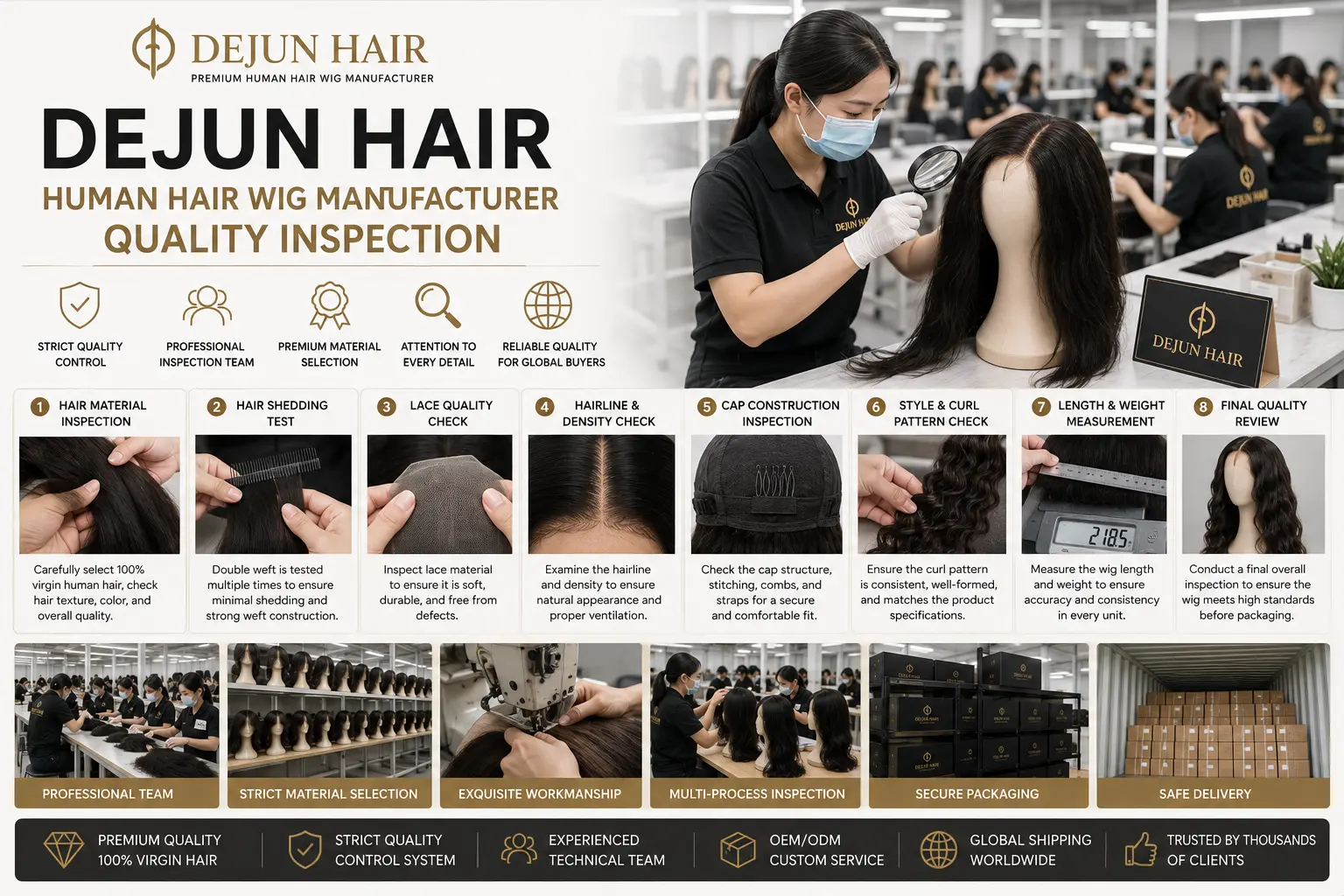 Dejun Hair human hair wig manufacturer quality inspection before wholesale shipment