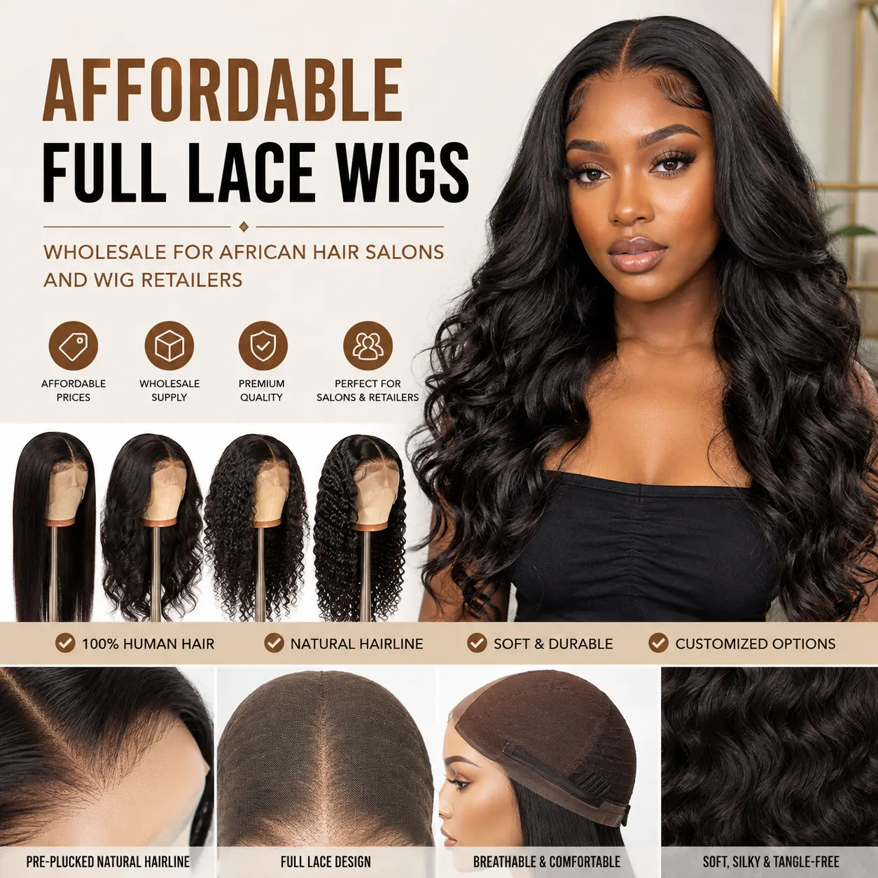 Affordable full lace wigs wholesale for African hair salons and wig retailers