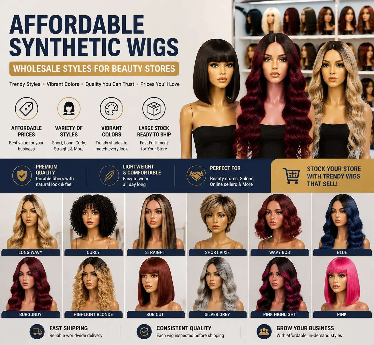 Affordable synthetic wigs wholesale styles for beauty stores, salons and online hair businesses