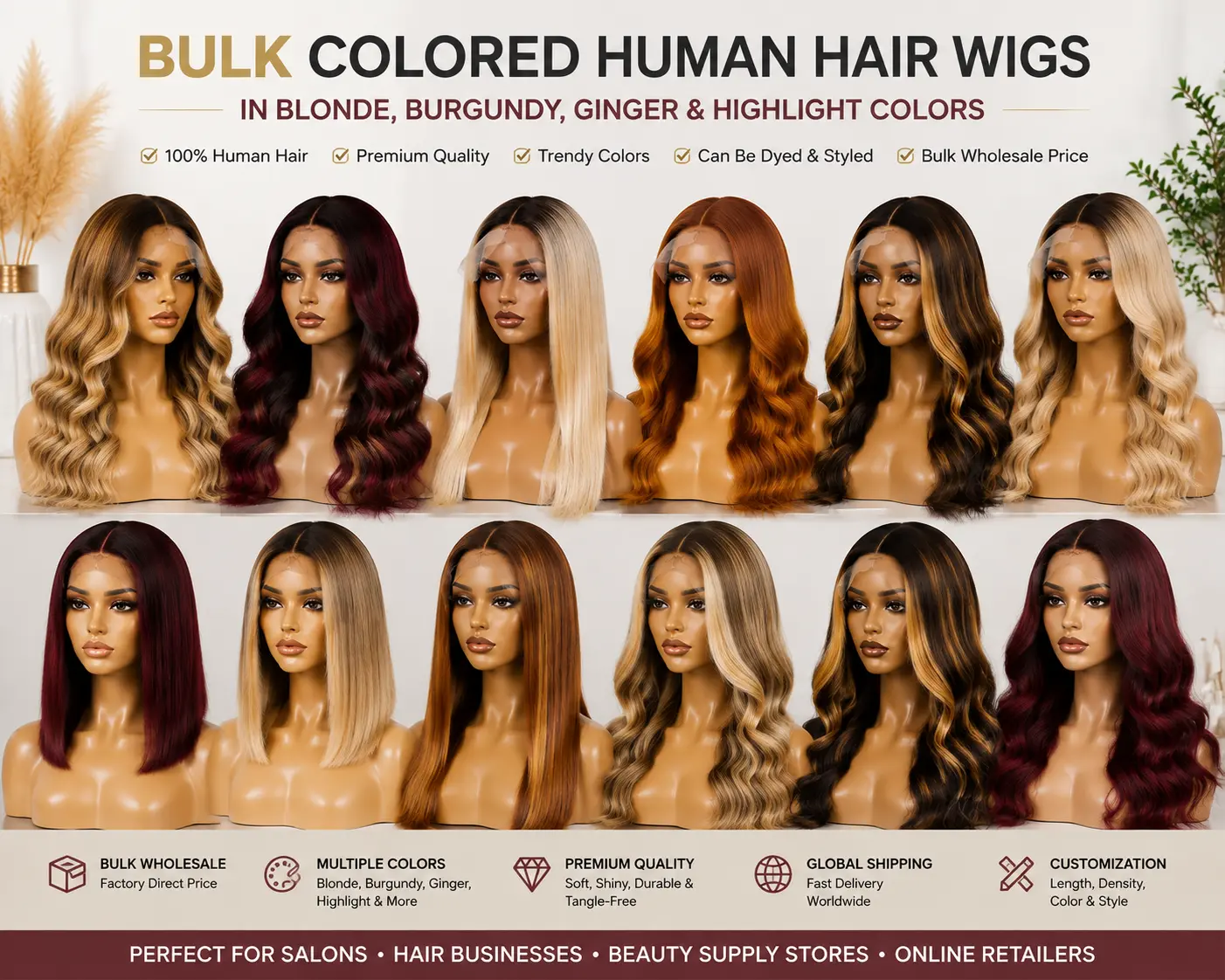 Bulk colored human hair wigs in blonde, burgundy, ginger and highlight colors