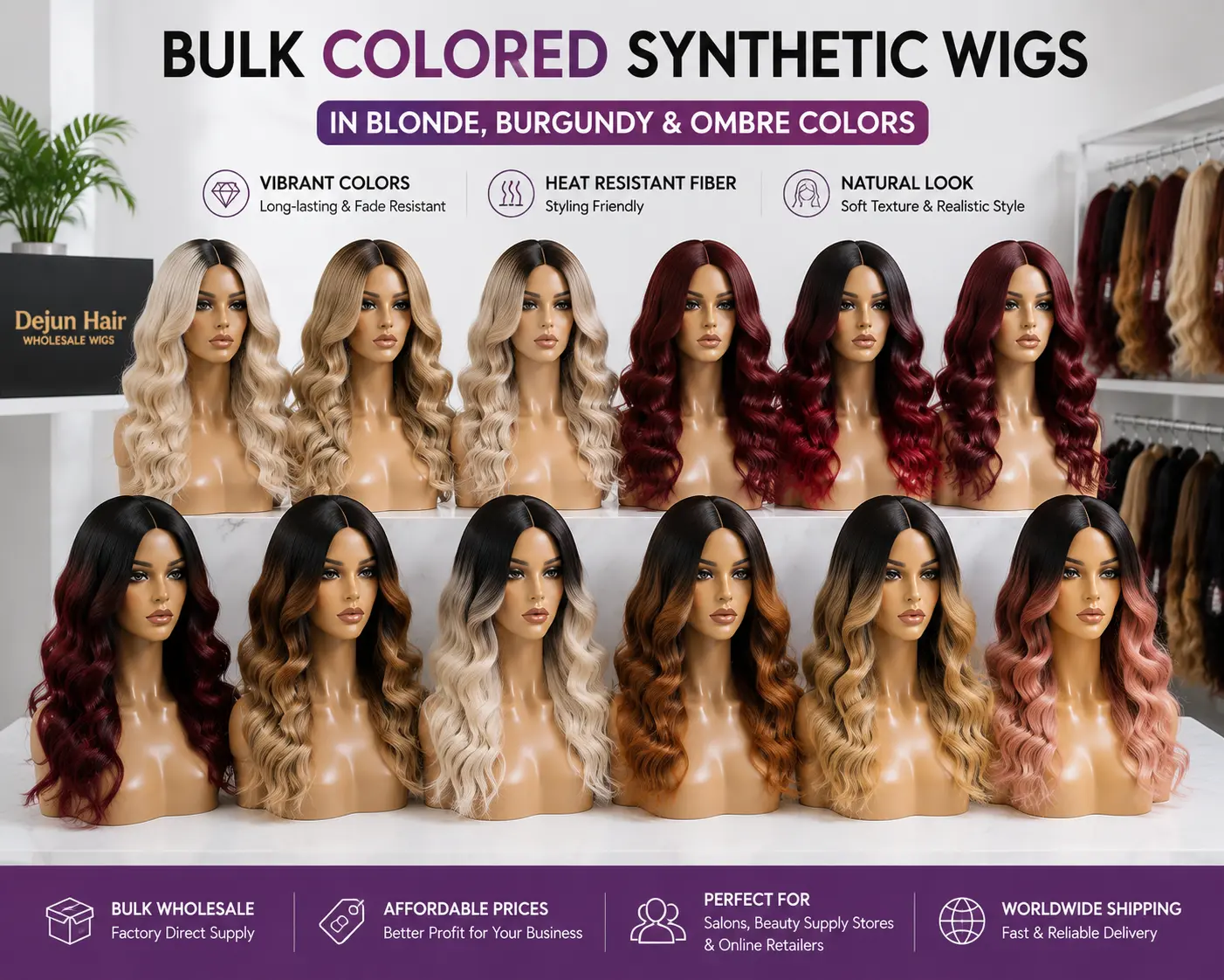Bulk colored synthetic wigs in blonde, burgundy, and ombre colors for wholesale hair suppliers and retailers