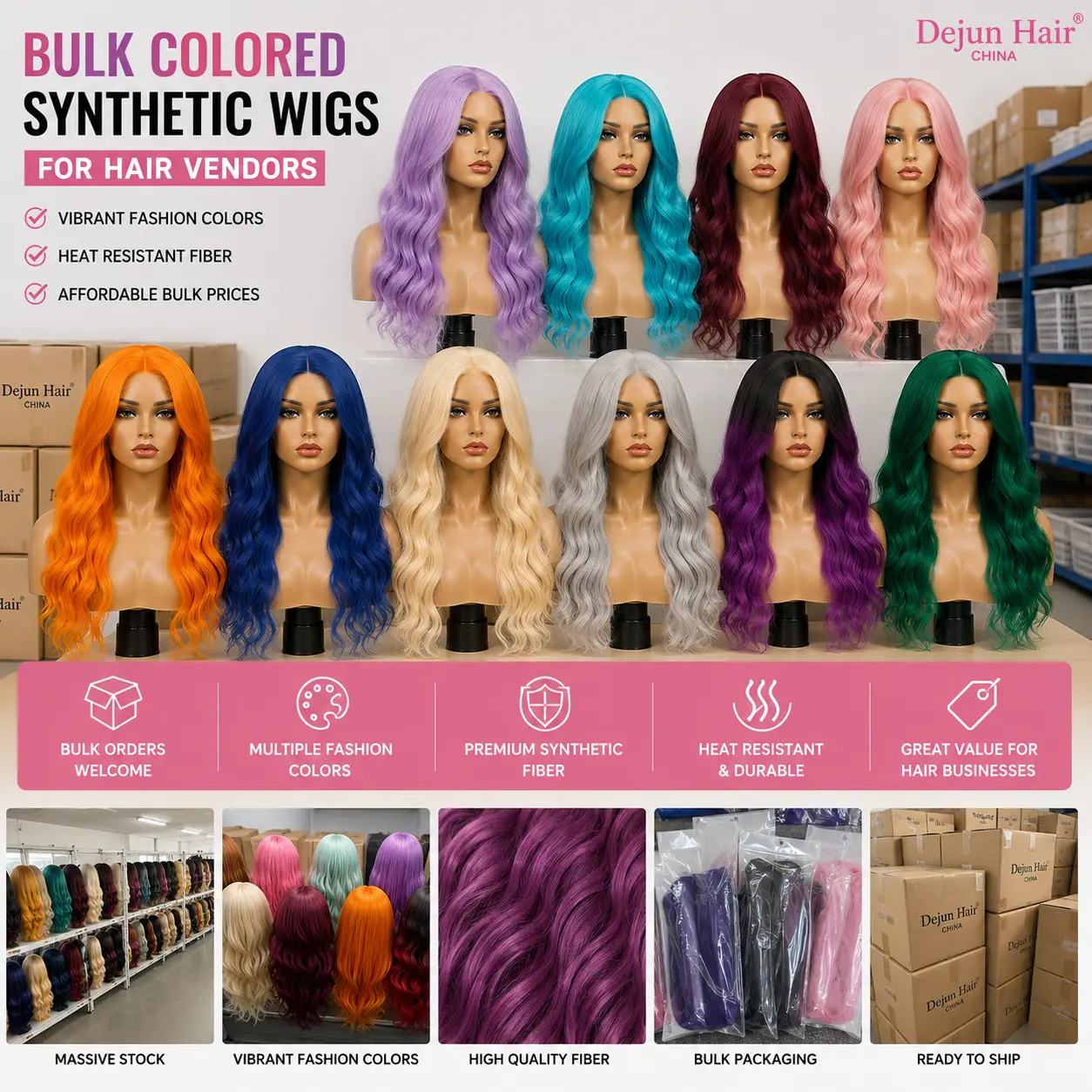Custom color synthetic wigs wholesale manufacturer offering OEM and bulk wig production services