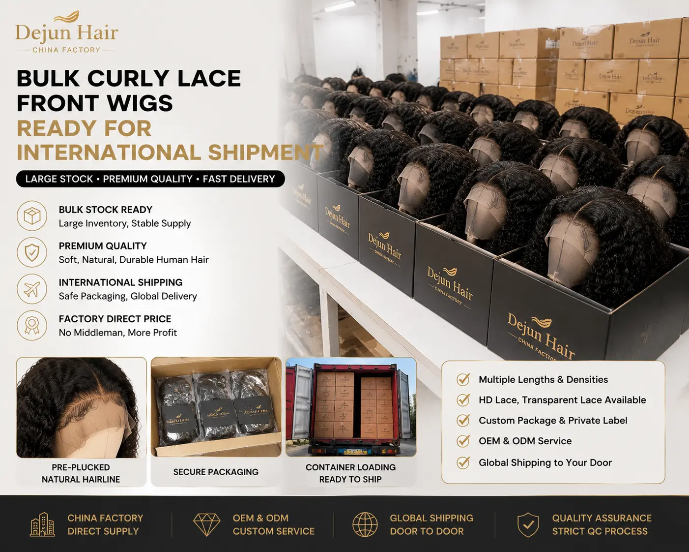 Bulk curly lace front wigs ready for international shipment with secure packaging and global wholesale supply