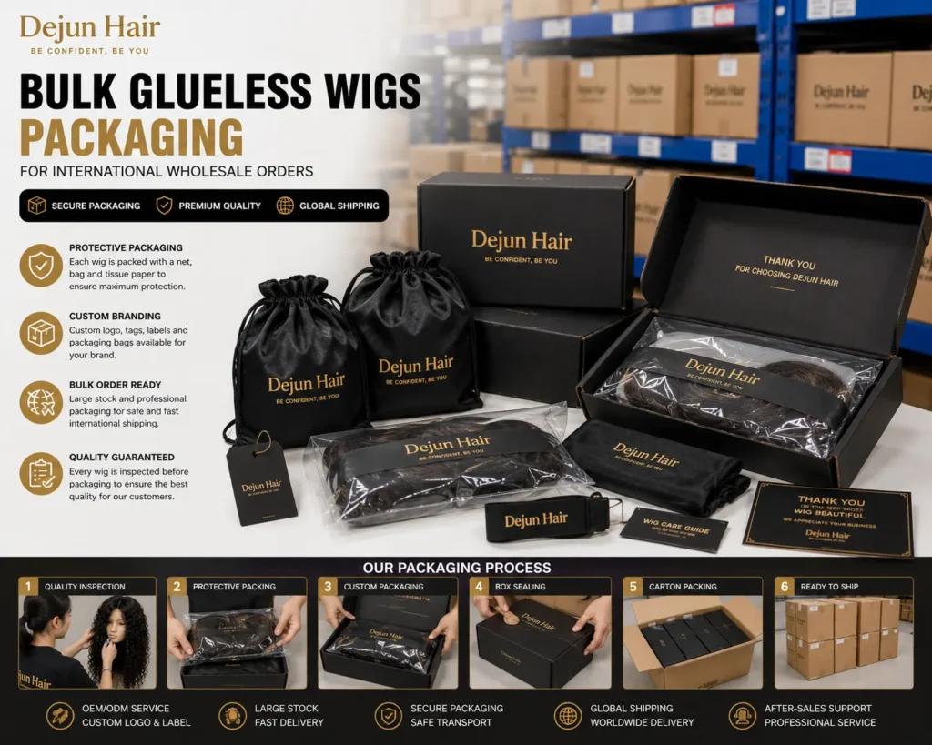 Bulk glueless wigs packaging for international wholesale orders and global shipping