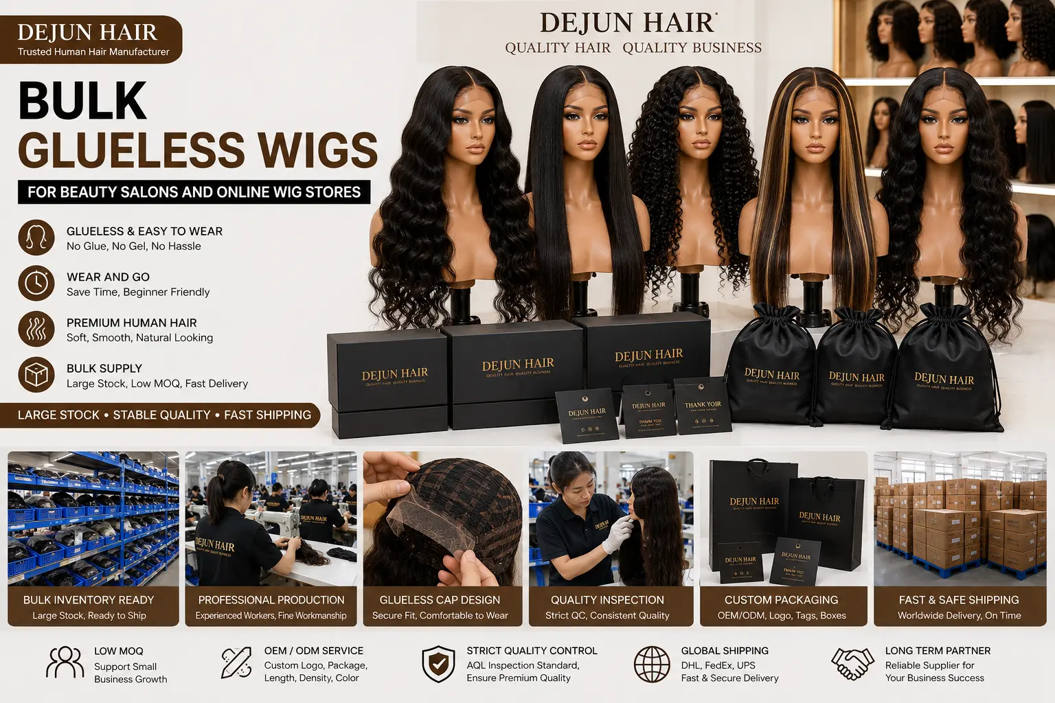 Bulk glueless wigs for beauty salons and online wig stores