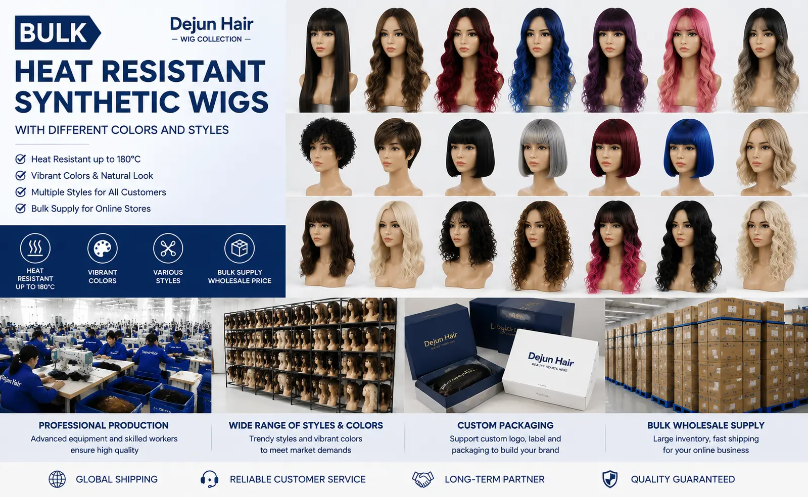Bulk heat resistant synthetic wigs in different colors and styles for beauty retailers