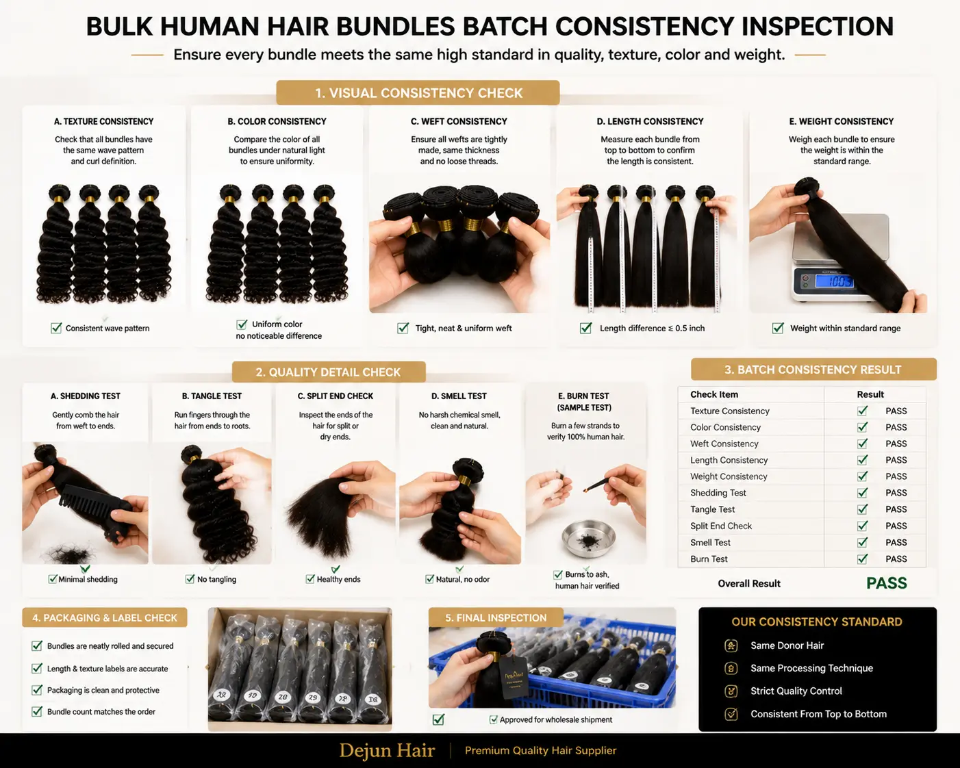 Bulk human hair bundles batch consistency inspection for uniform texture, color, length and weight