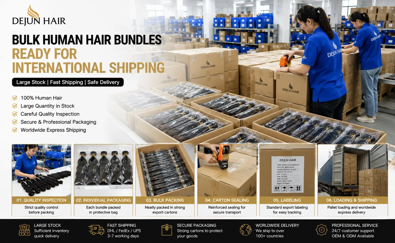 Bulk human hair bundles ready for international shipping after inspection and packaging