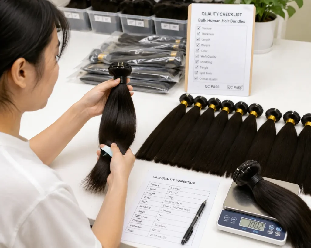 Checking bulk human hair bundles quality before wholesale order at a professional hair factory