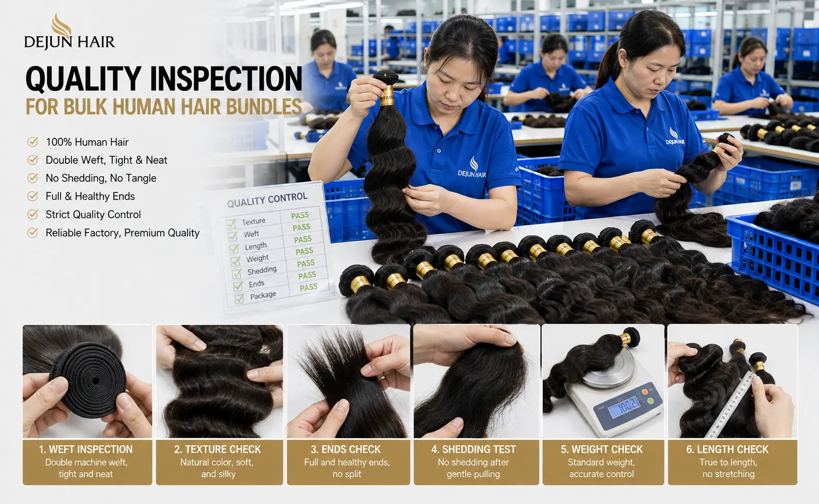 Quality inspection for bulk human hair bundles before wholesale orders and shipment