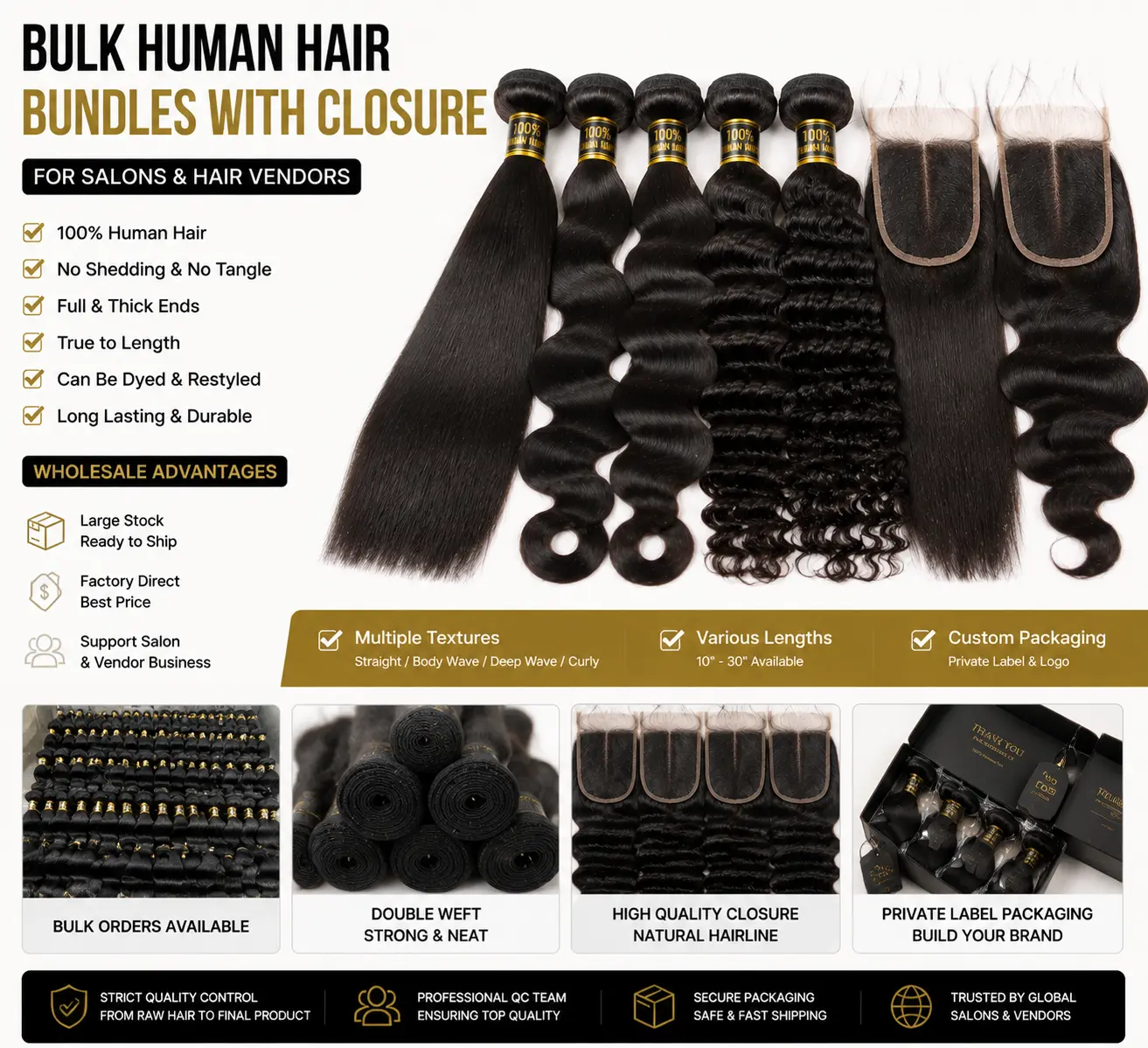 Bulk human hair bundles with closure for salons and hair vendors