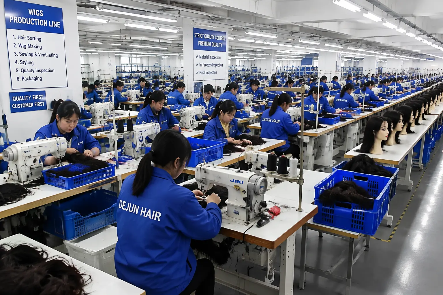 Bulk human hair wigs production line with skilled workers and large-scale factory manufacturing